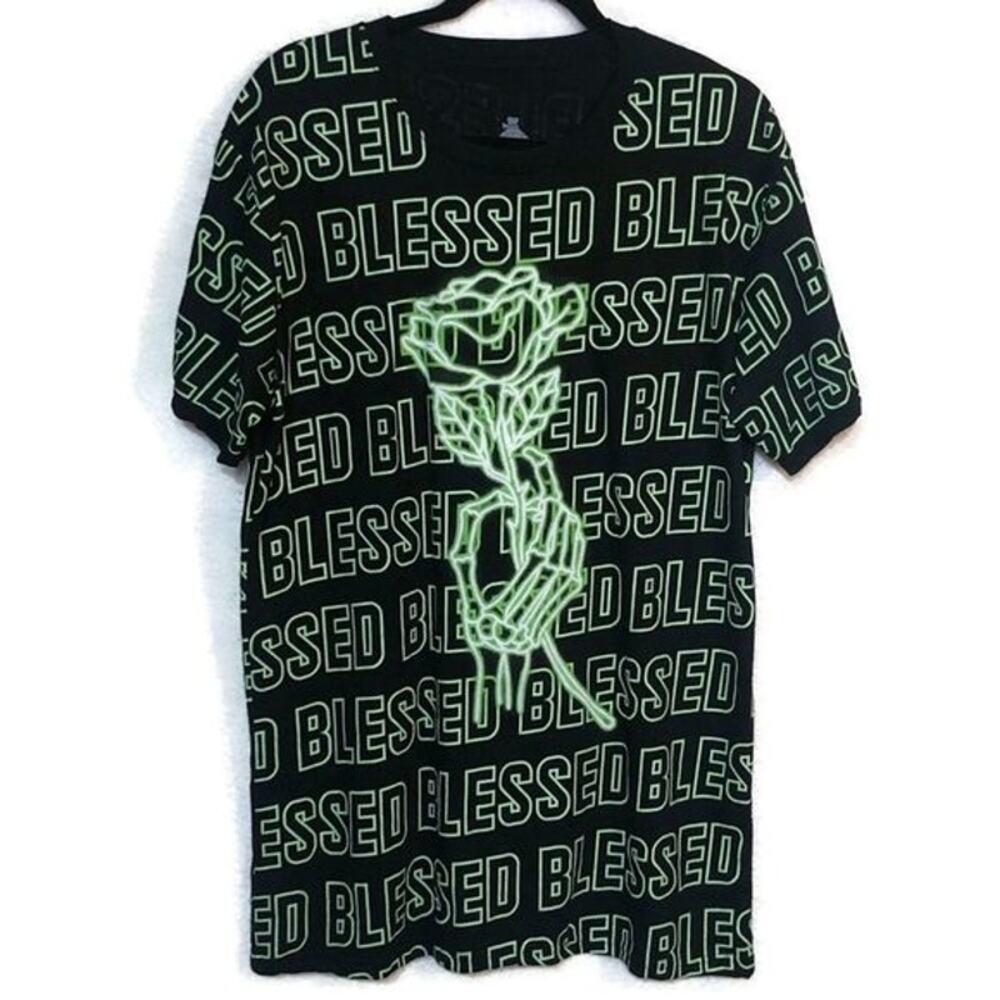 Launder Mens Graphic T-shirt Blessed Rose Green Black Tee Large